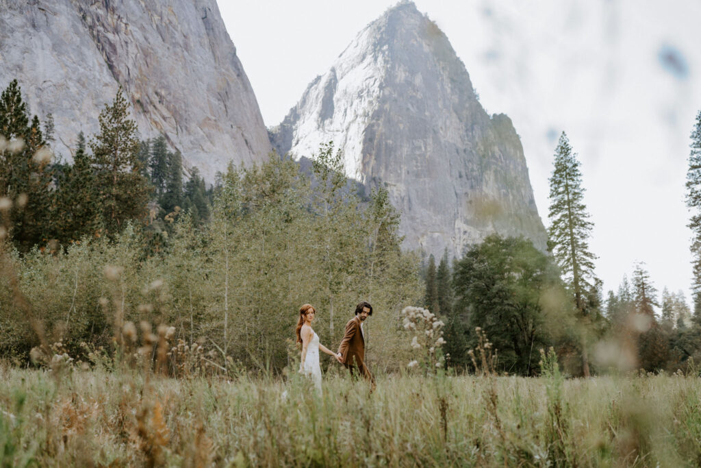 eloping couple in el capitan meadow in yosemite valley on wedding day