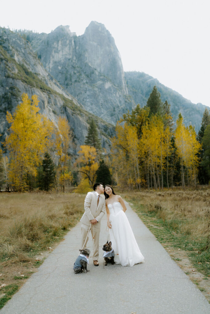 Groom, kissing the bride on the cheek