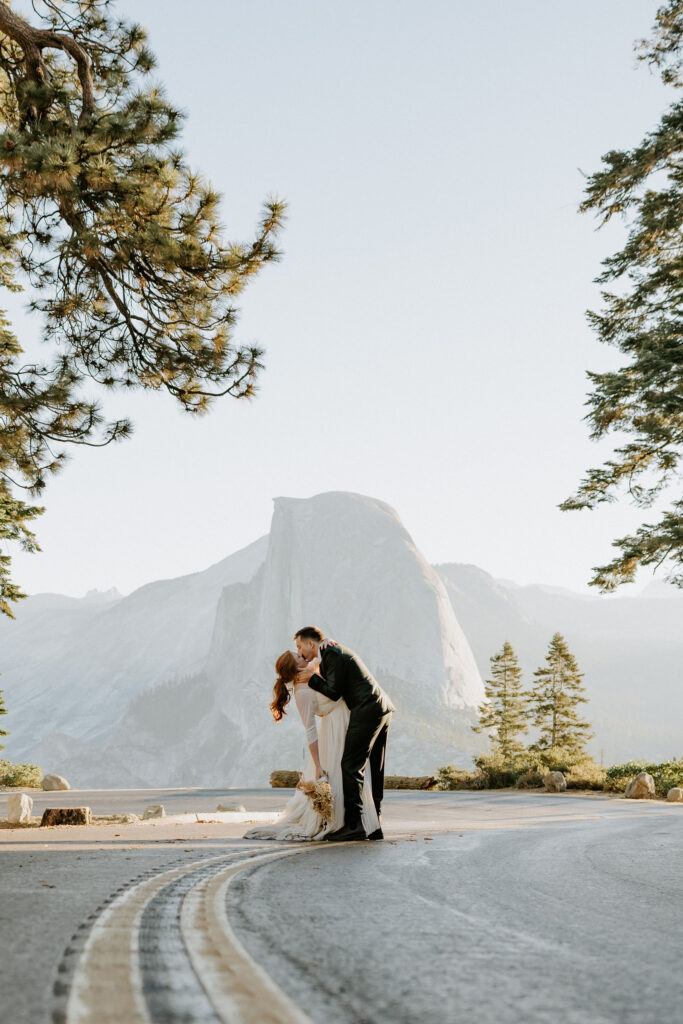 portrait of the newlyweds kissing