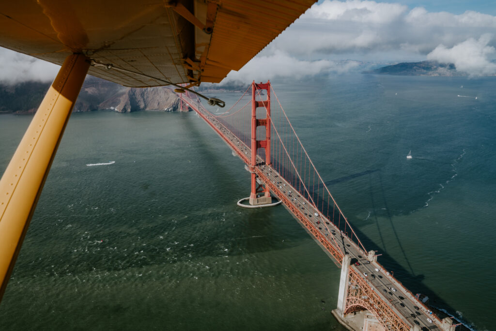 flying over the golden gate bridge in san francisco