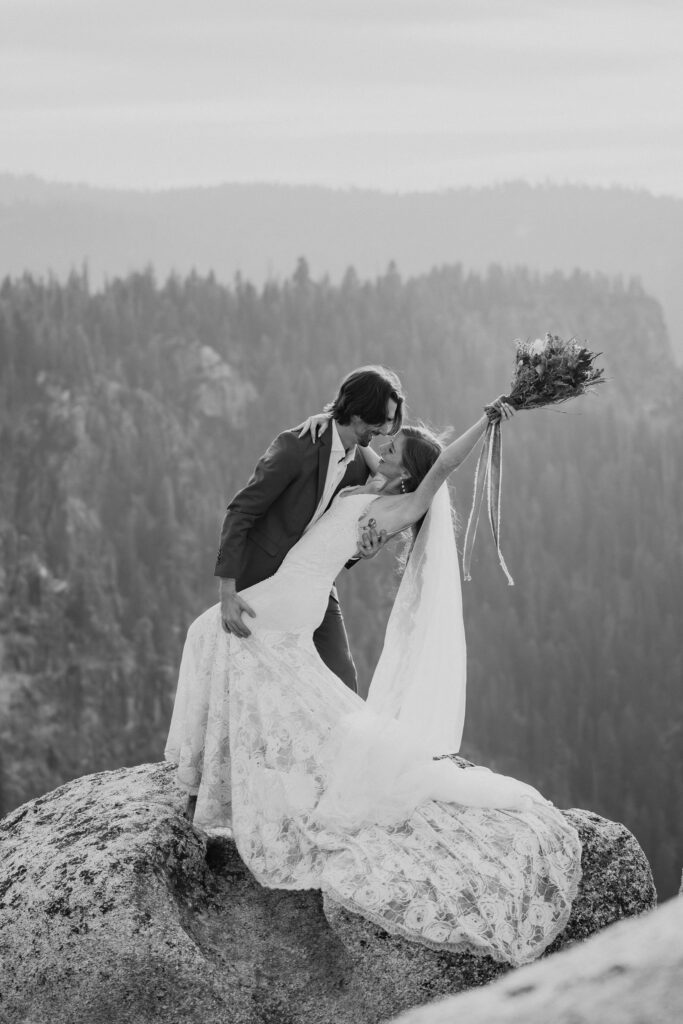 black and white of couple after vows