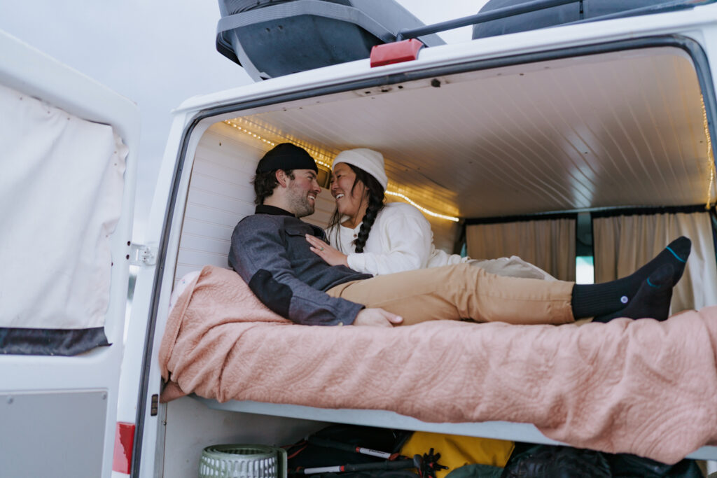 Lake Tahoe proposal engagement couple in their van