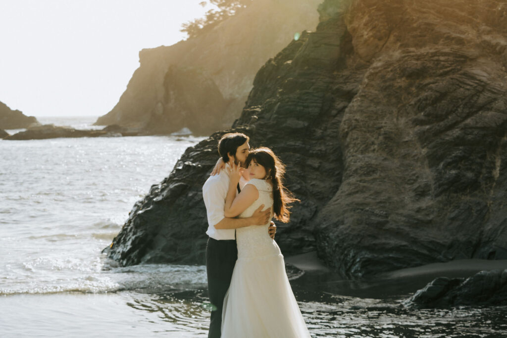 redwood elopement couple on beach in oregon