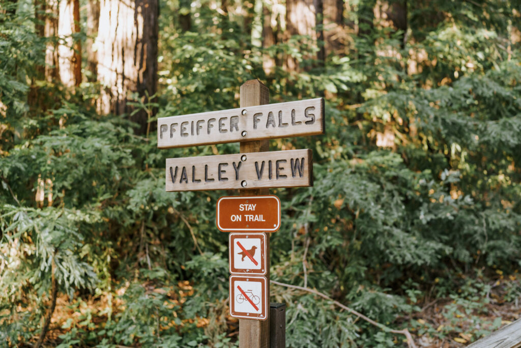 Pfeiffer Falls sign in Big Sur Redwoods