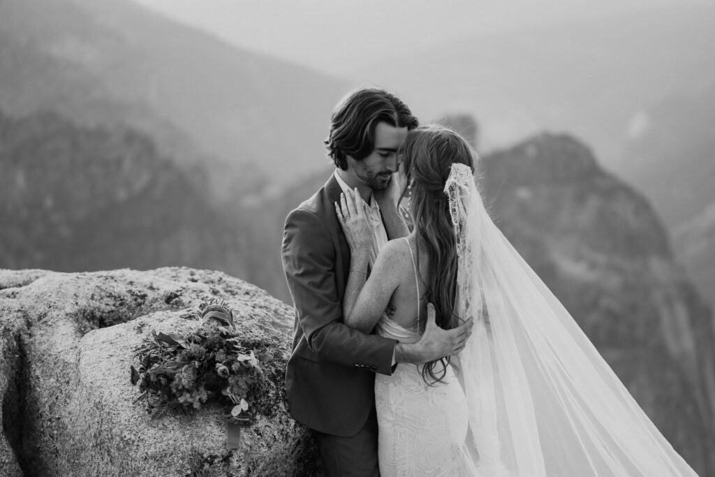 black and white of couple at Taft Point