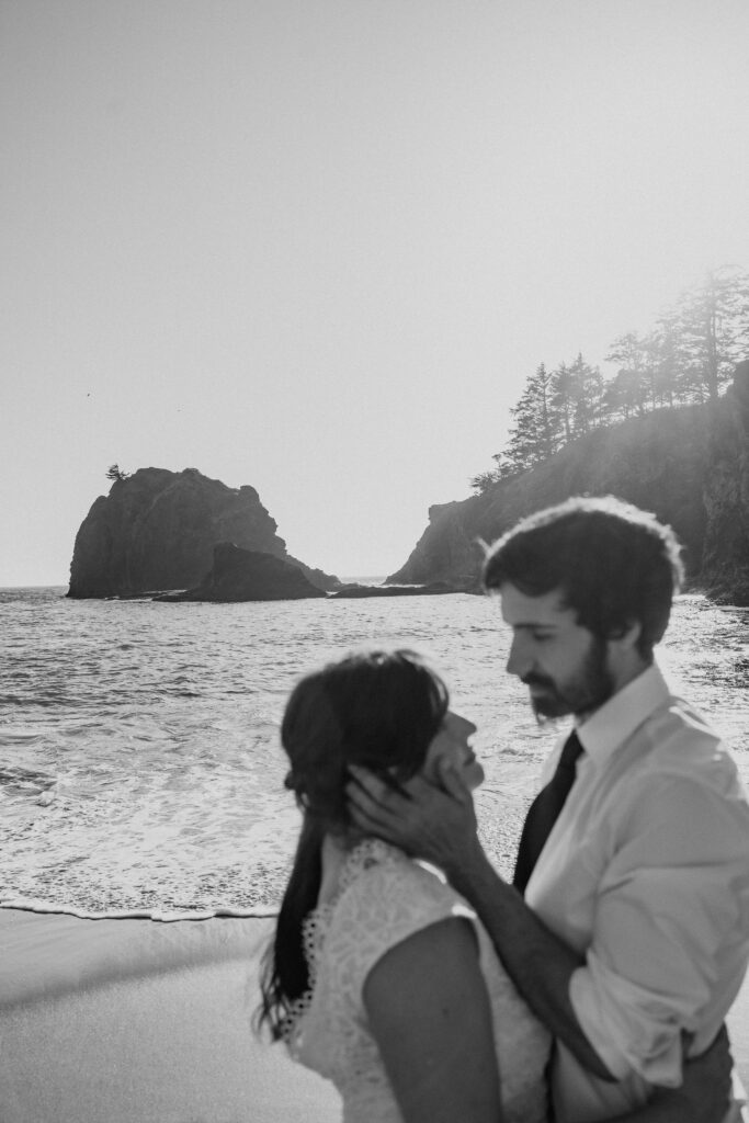 black and white close up of bride and groom