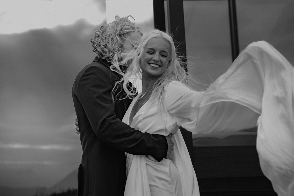 black and white of couple on elopement day