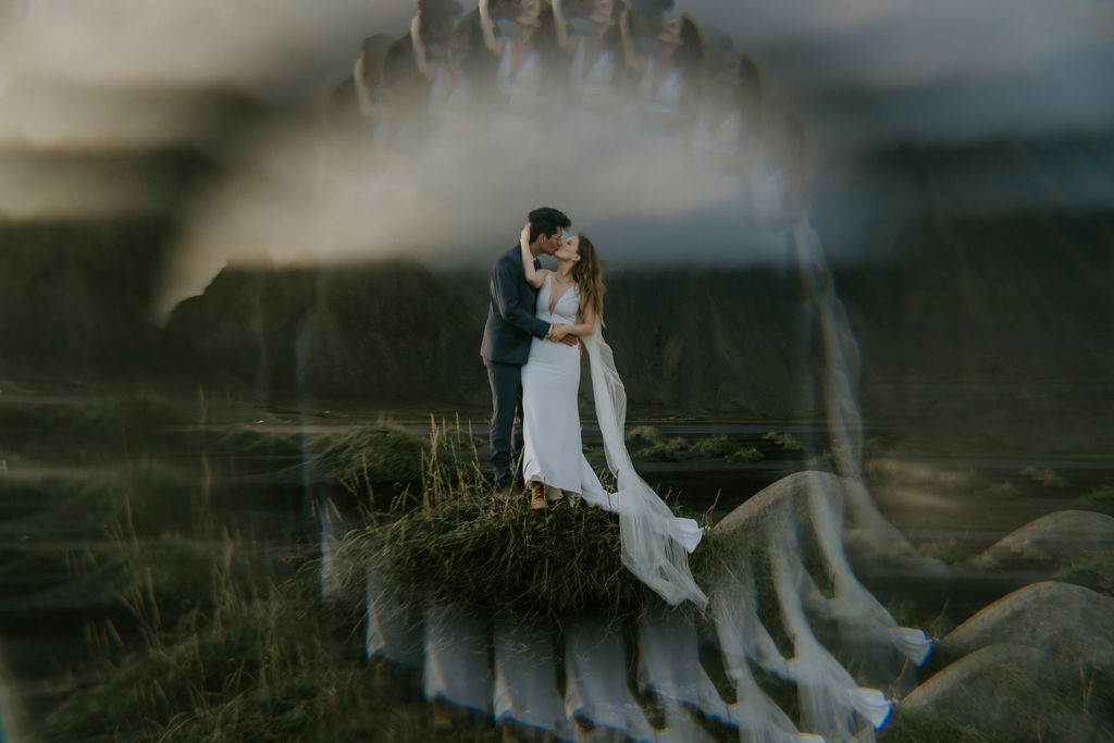 creative photo of bride and groom at Stokksnes