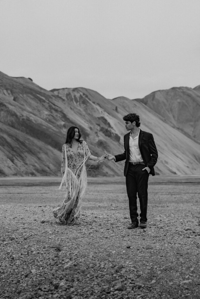 black and white of couple eloping in the highlands of iceland