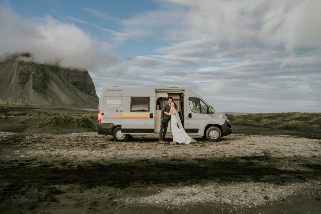 eloping couple renting campervan in iceland