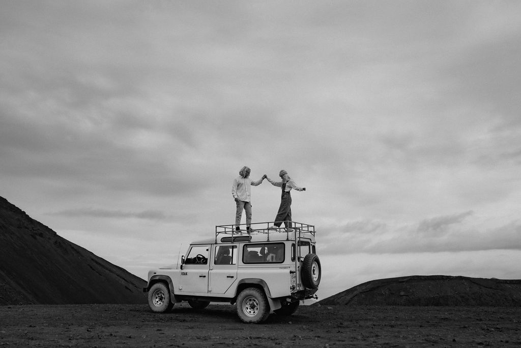 super jeep adventure couple in black in white