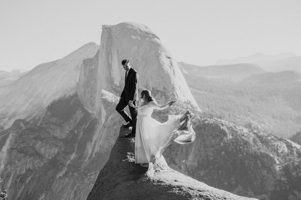 black and white of bride and groom at Glacier Point