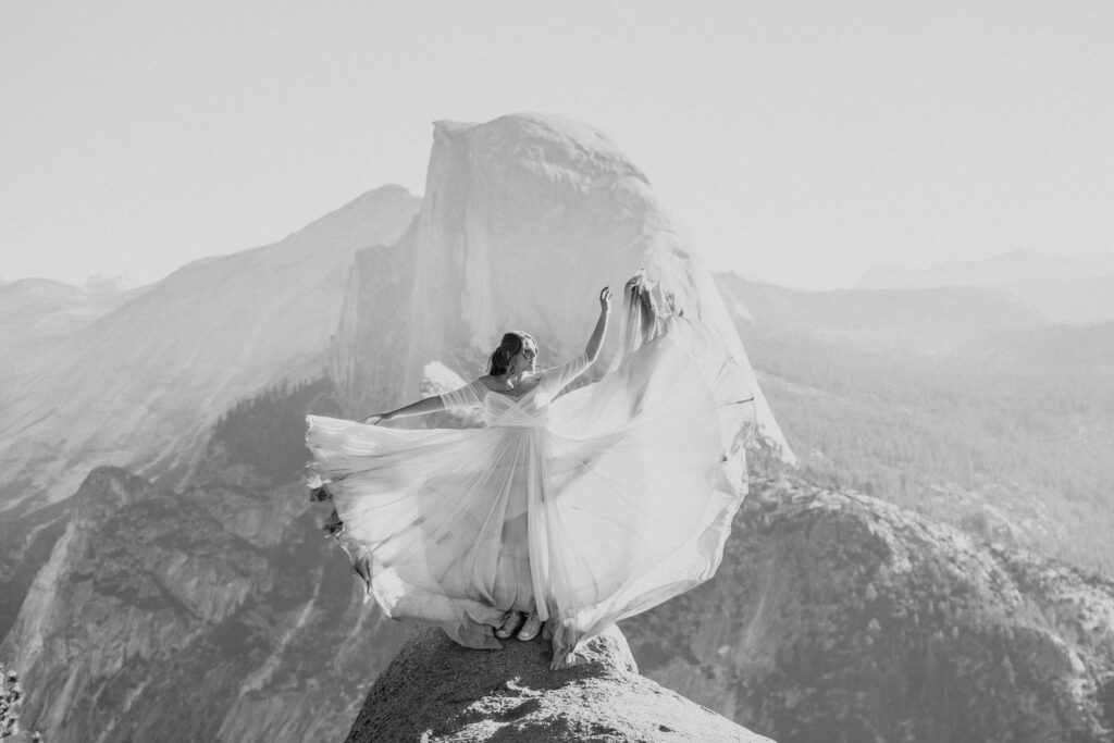 black and white Yosemite wedding day bride at Glacier Point