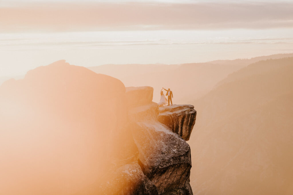 sunset at Taft Point wedding couple in Yosemite