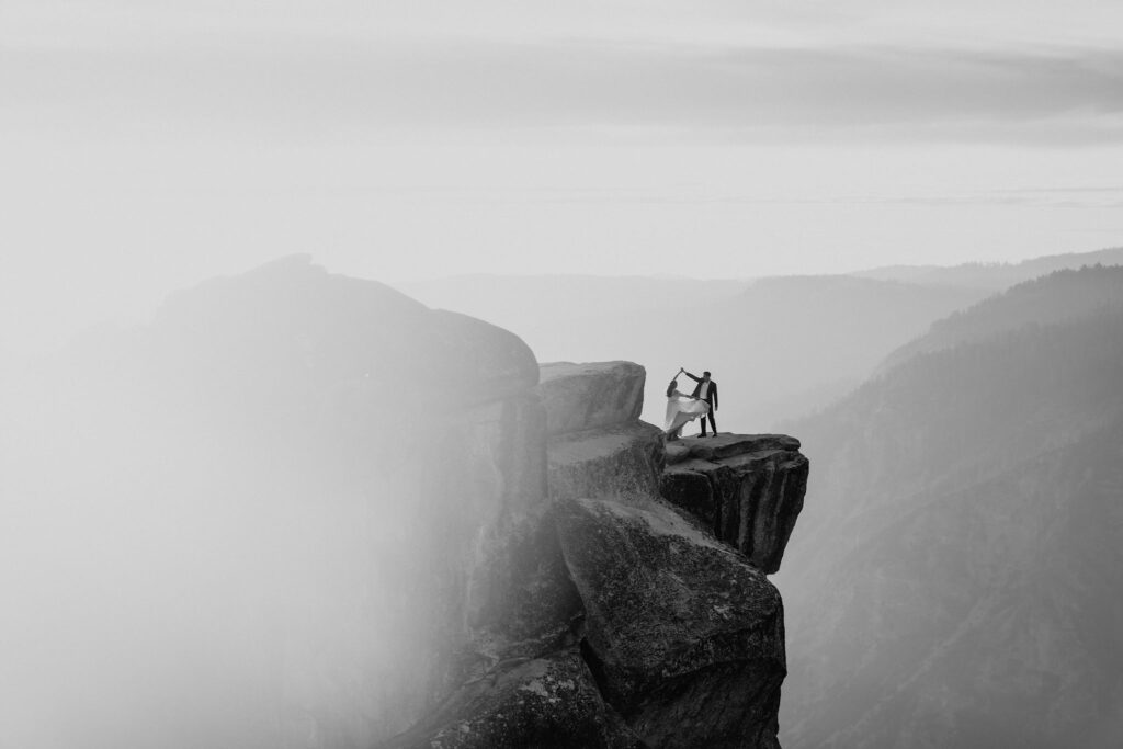 black and white wedding couple at Taft Point