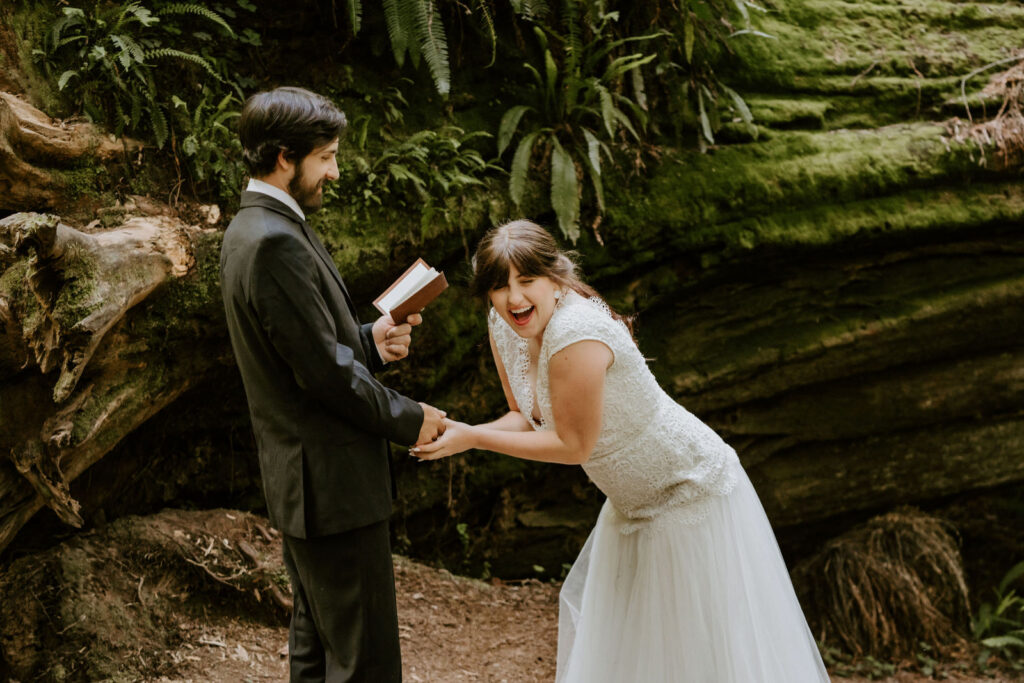 candid couple moments during their redwood elopement ceremony