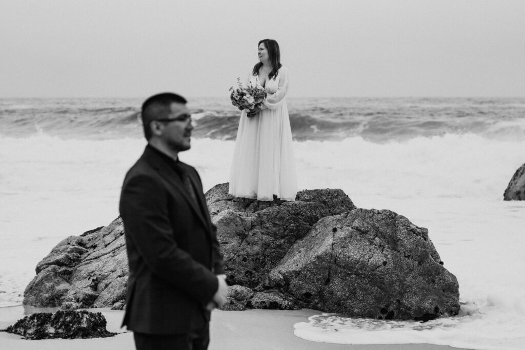 bride and groom at the beach during their Big Sur elopement day