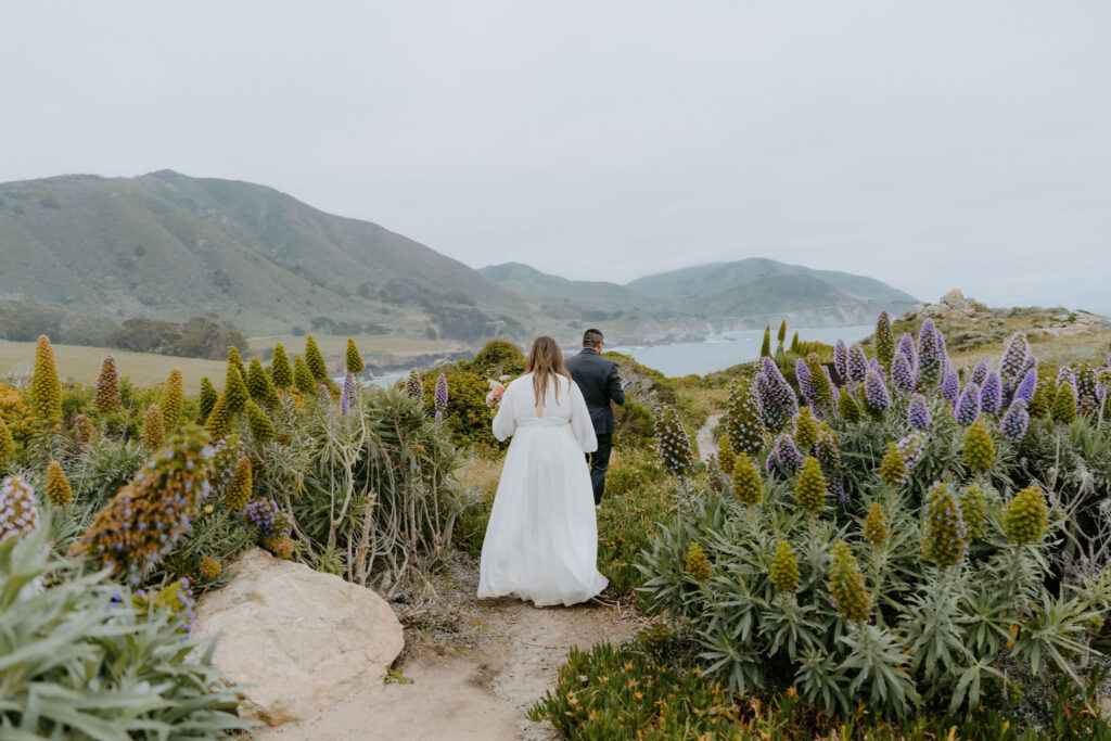 bride and groom hiking in Big Sur