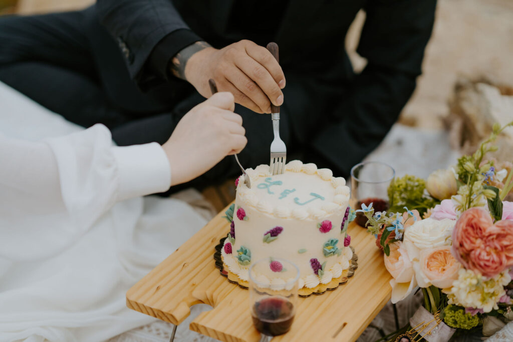 bride and groom enjoying a small picnic with a cute elopement cake and ocean views in Big Sur