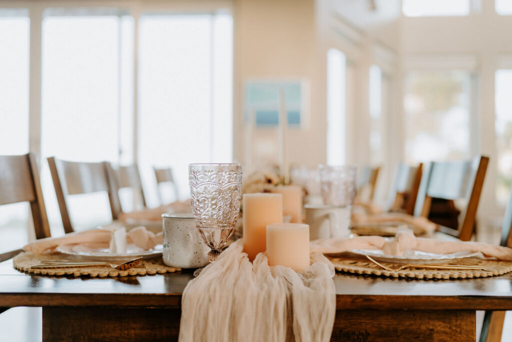 small elopement reception table decorated with boho colors and florals for an intimate lunch with family