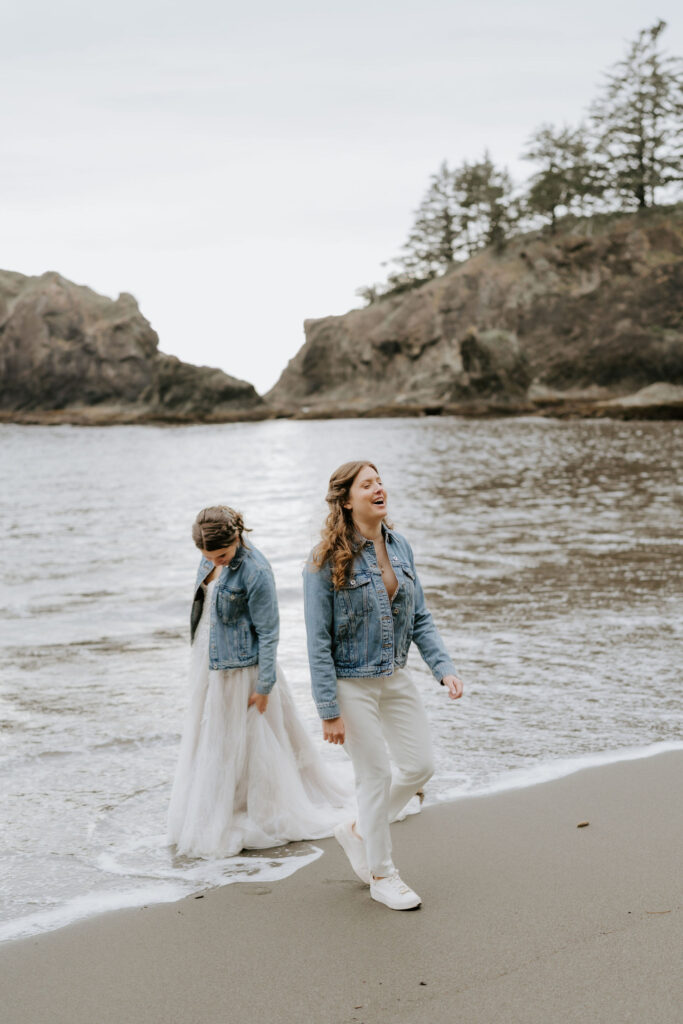 playful brides at secret beach, oregon coast
