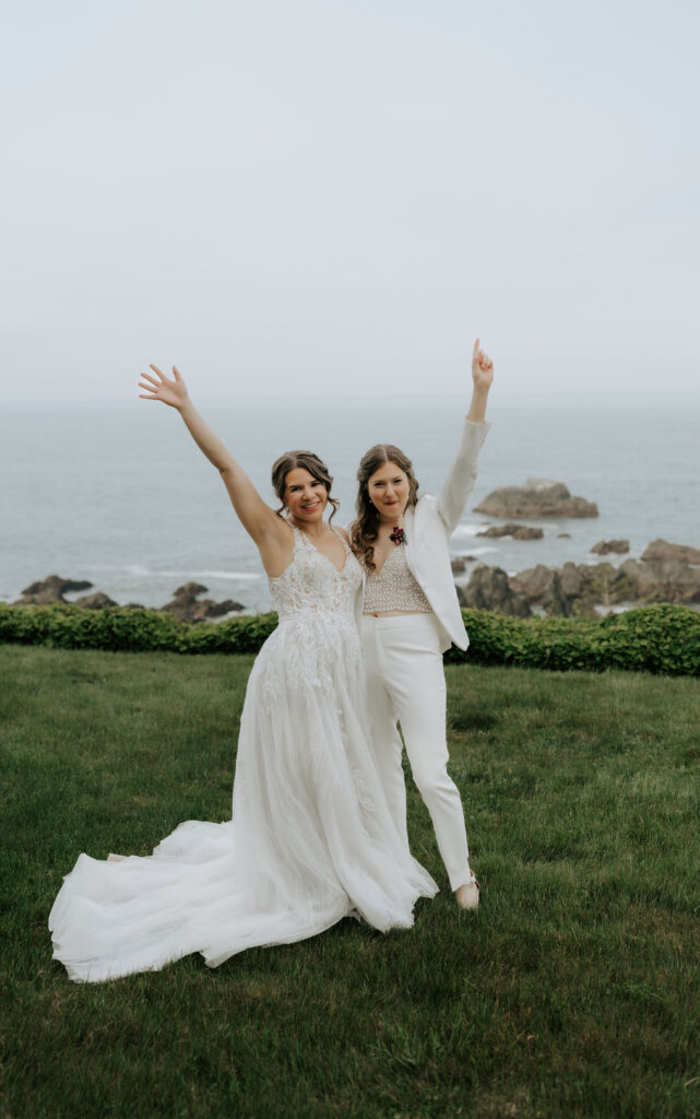 happy brides during first look