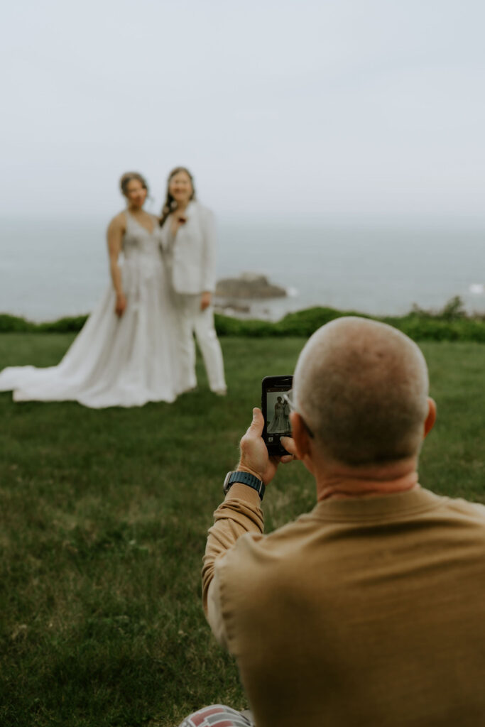 happy brides during first look