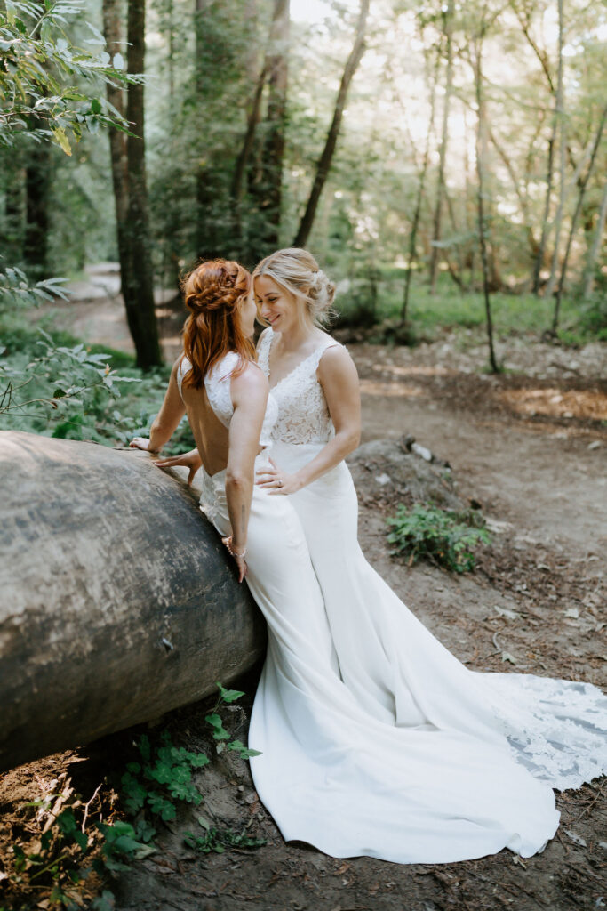 romantic moments of brides surrounded by lush redwood trees at pfeiffer redwood state park