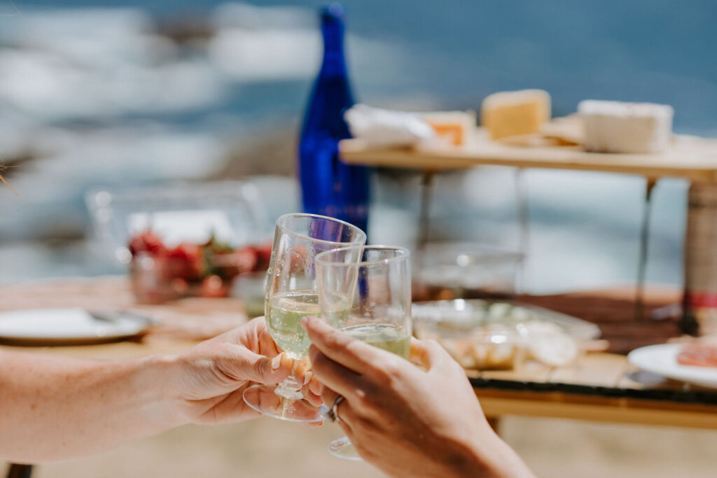 brides enjoying a luxury elopement picnic in big sur overlooking the ocean