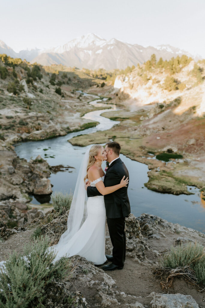 romantic bride and groom moment during their mammoth lakes elopement