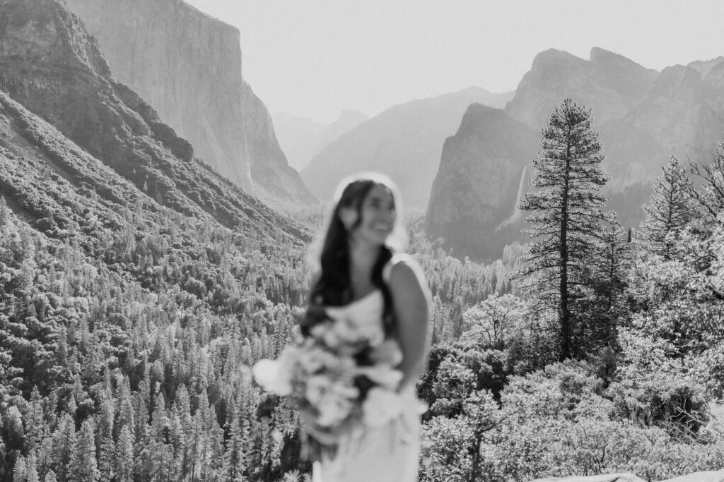 dreamy bridal portrait in yosemite with mountain views