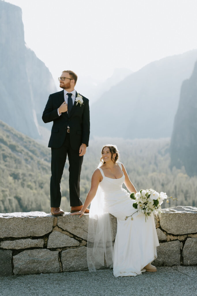 dreamy elopement couple in yosemite surrounded by mountain views