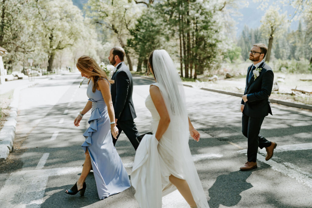 elopement couple and their loved ones hiking in yosemite