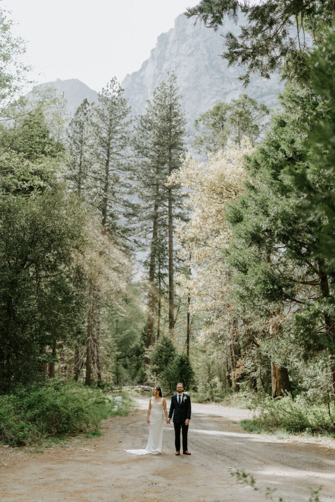 bride and groom surrounded by a forest in yosemite