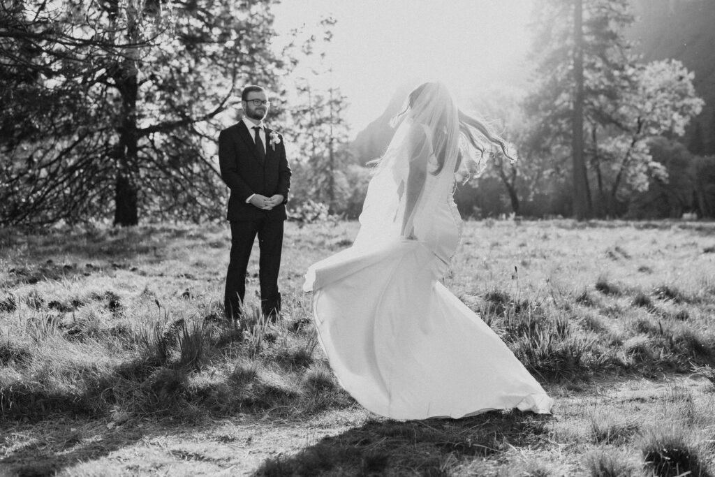 golden hour elopement photos in el capitan meadow in yosemite