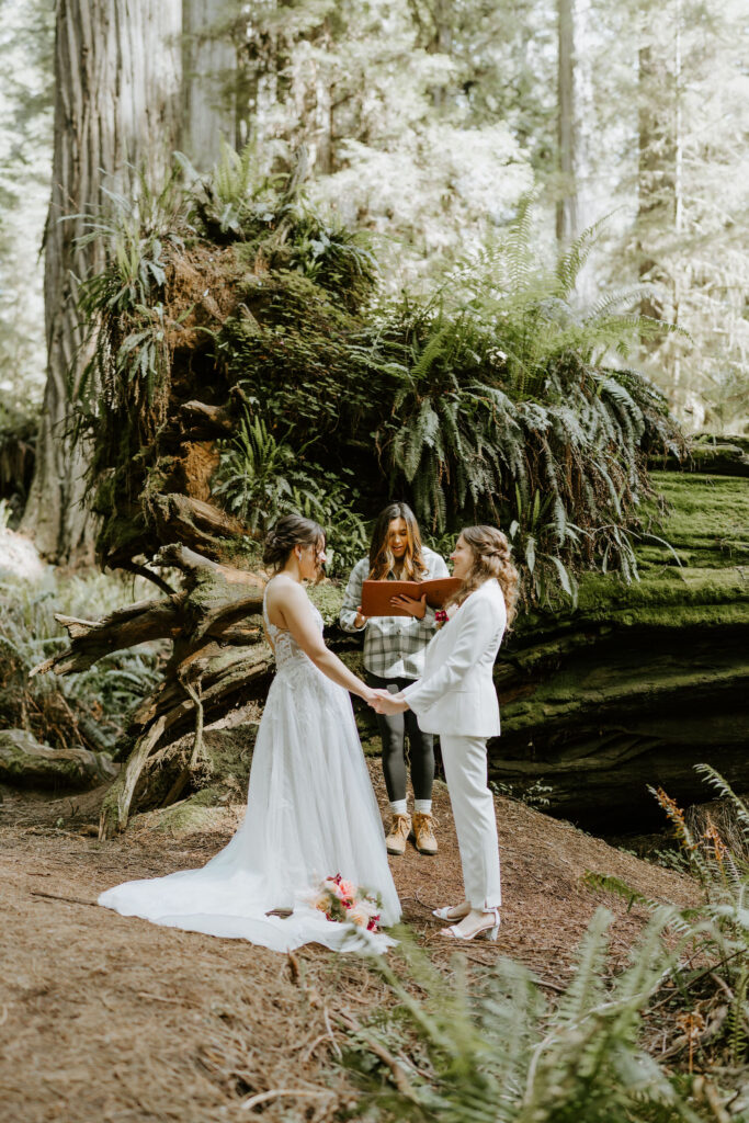 couple exchanging vows as they elope in California redwoods