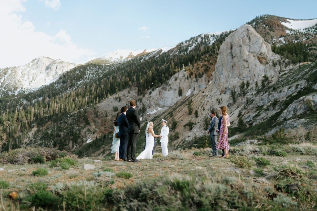 mammoth lakes elopement ceremony next to a stunning rock formation