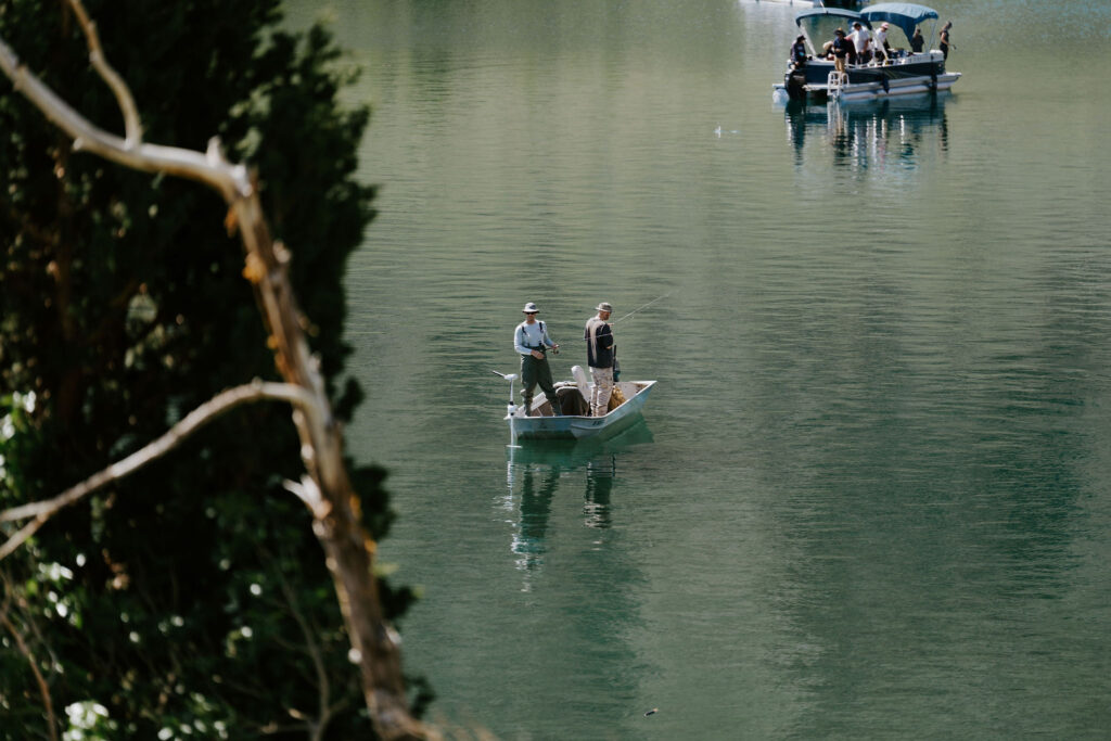 fishermen on a boat in mammoth lakes