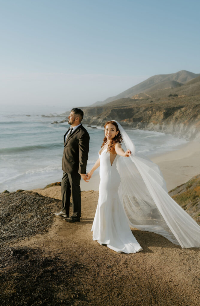 bride and groom posing on the bluffs overlooking the ocean in garrapata state park