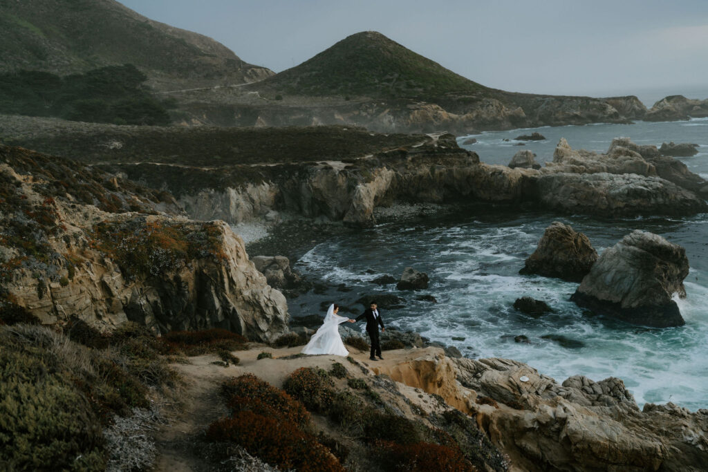 bride and groom posing on the bluffs overlooking the ocean in garrapata state park