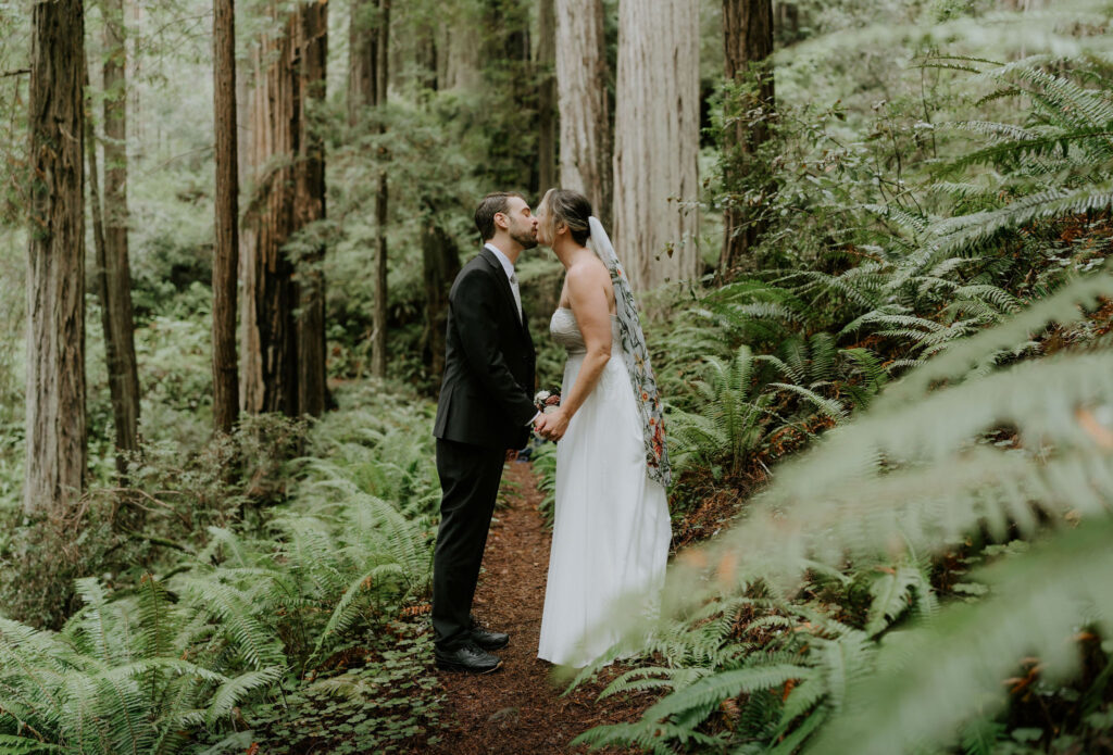 bride and groom surrounded by lush forest during their prairie creek redwoods elopement