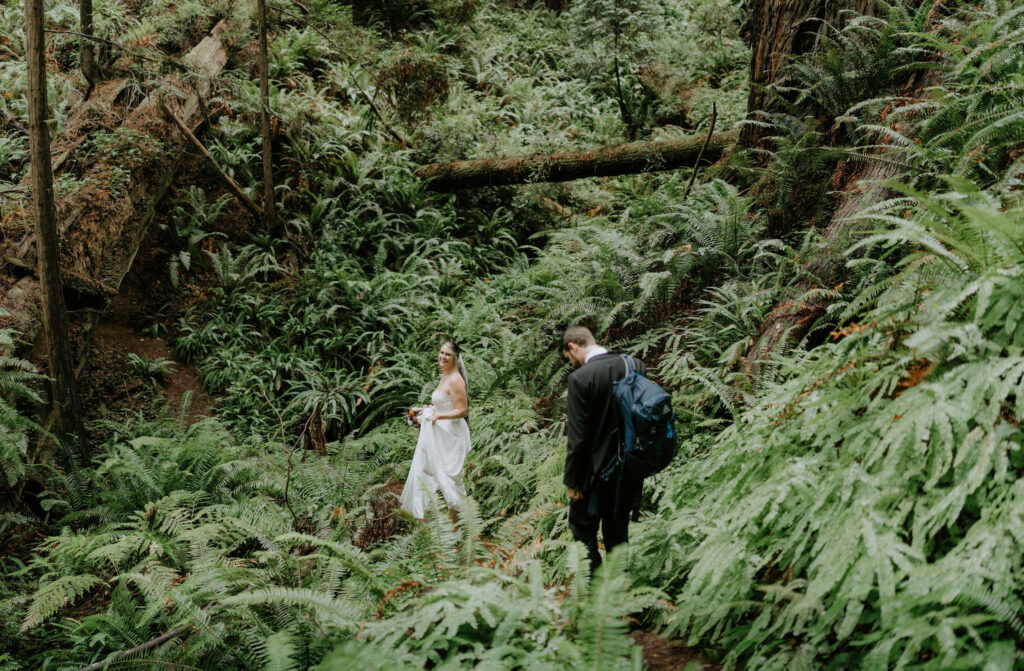 bride and groom hiking through the lush forest during their prairie creek redwoods elopement