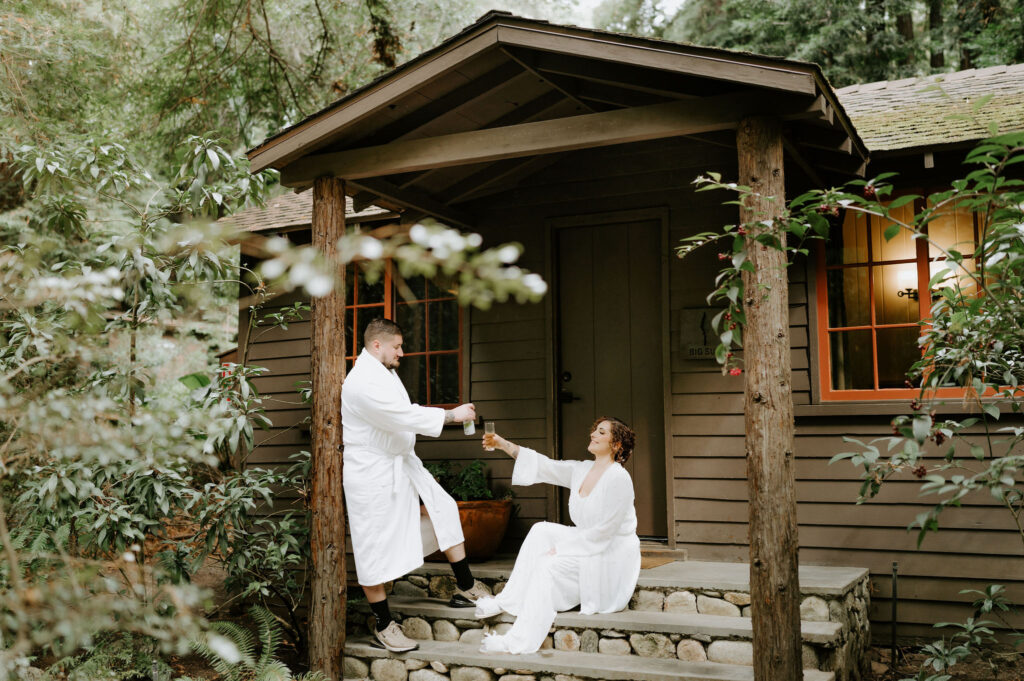 sweet elopement couple in front of their glen oaks big sur cabin