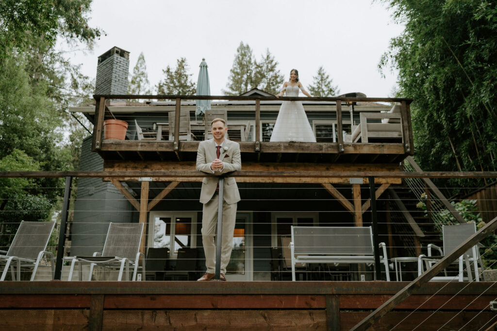 bride and groom at their airbnb