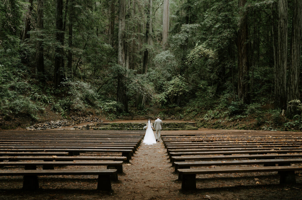 bride and groom at a redwoods amphitheater
