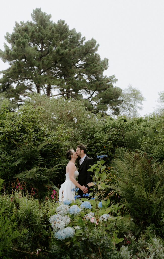 portrait of the newlyweds kissing