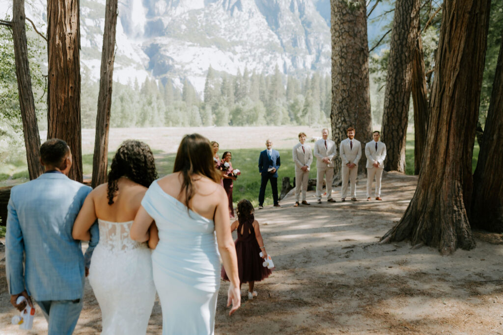 Swinging bridge wedding ceremony during springtime in yosemite national park