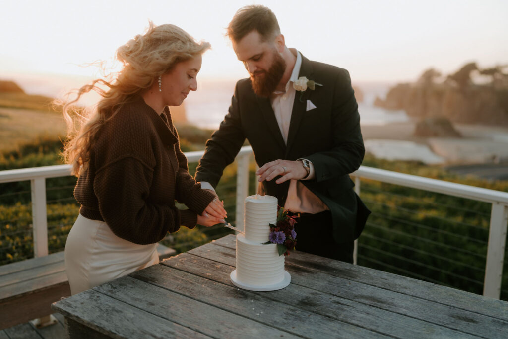 newlyweds cutting their wedding cake