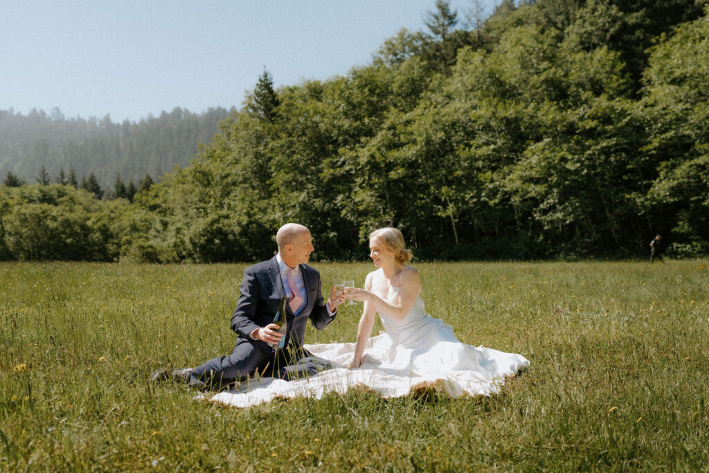 newlyweds celebrating with champagne