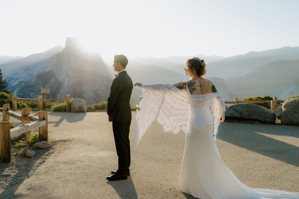 bride and groom at their first look